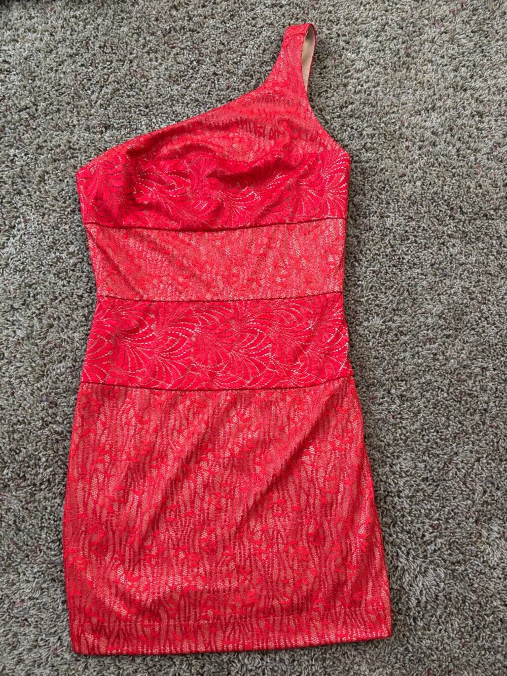 bebe Red Lace One-Shoulder Bodycon Cocktail Mini Dress - Size Small